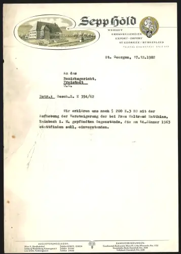Briefkopf St. Georgen 1982, Sepp Höld, Weingut, Grosskellerei, Blick auf das Weingut