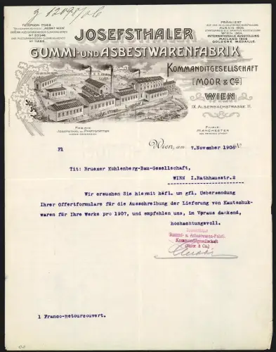 Briefkopf Wien 1906, Moor & Co., Josefsthaler Gummi- und Asbestwarenfabrik, Werksgelände aus der Vogelschau