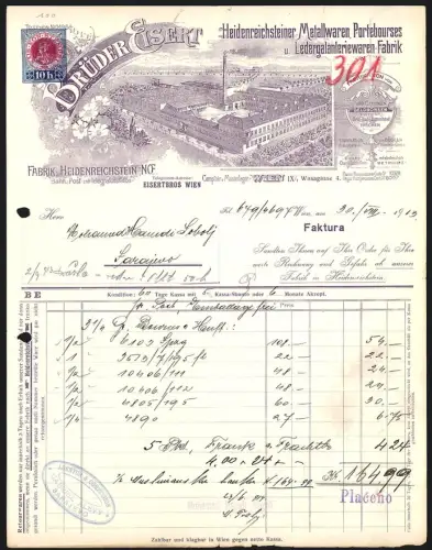 Rechnung Wien 1913, Brüder Eisert, Heidenreichsteiner Metallwaren-Fabrik, Gesamtansicht vom Werk