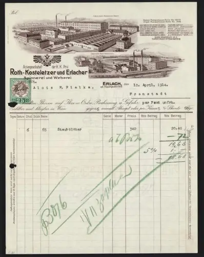Rechnung Bad Erlach 1914, Roth-Kosteletzer und Erlacher Spinnerei und Weberei, Werke in Erlach und Rothkosteletz