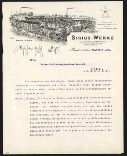 Briefkopf Baden bei Wien 1908, Sirius-Werke, Elektrische Kohlenfabriks-Gesellschaft, Ansicht der Fabrik in Baden
