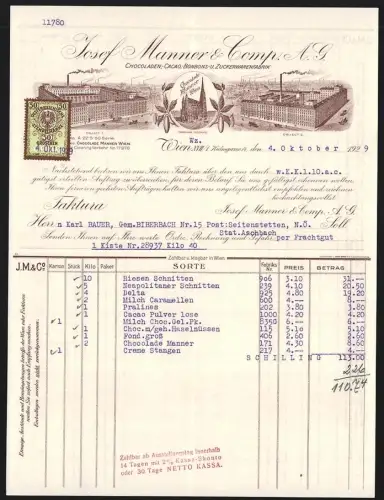 Rechnung Wien 1929, Josef Manner & Comp. A.G., Schokoladen-, Kakao- und Zuckerwarenfabrik, Ansicht beider Werke