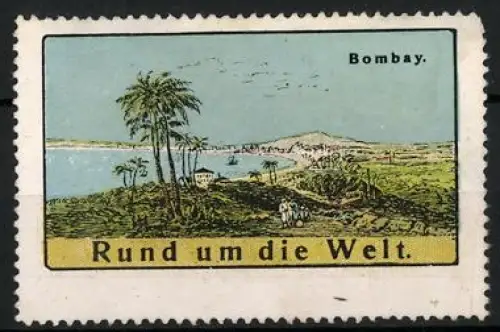 Reklamemarke Bombay - Mumbai / Indien, Rund um die Welt, Landschaft mit Palmen am Stadtrand