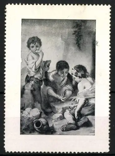 Reklamemarke Strassenkinder beim Spiel, Korb mit Früchten und Krug