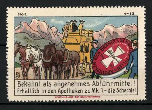 Künstler-Reklamemarke Johann Peter Werth, Brandt's Schweizer Pillen, Abführmittel, Pferdekutsche in Berglandschaft
