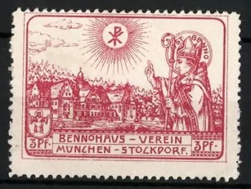 Reklamemarke München, Bennohaus-Verein, St. Benno mit Ortsansicht
