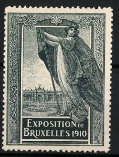 Reklamemarke Brüssel, Exposition de Bruxelles 1910, Frau mit Vorhang und Ausstellungspalast