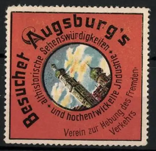 Reklamemarke Augsburg, Besuchet Augsburg`s Sehenswürdigkeiten, Turm und Ortsansicht