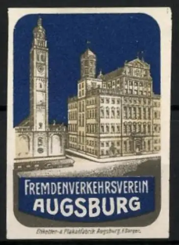 Reklamemarke Augsburg, Fremdenverkehrsverein, Ortsansicht mit Rathaus und Perlachturm