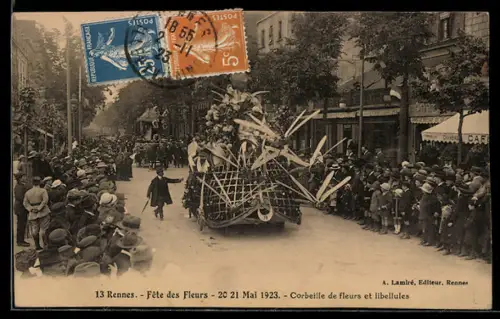 AK Rennes, Fete des Fleurs 1923, Corbeille de fleurs et libellules