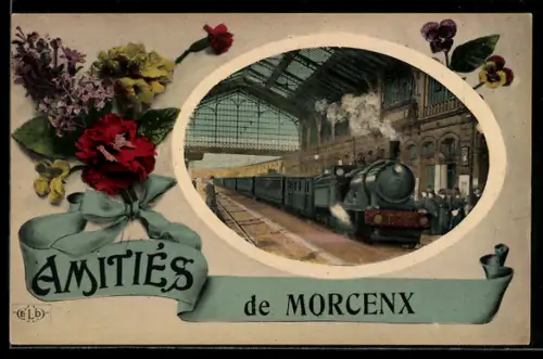 AK Morcenx, Bahnhof mit einfahrendem Zug, Nelken und Stiefmütterchen, Passepartout