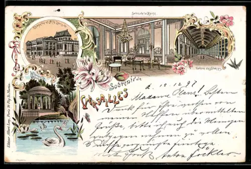 Lithographie Versailles, Salon de la Reine, Galerie des Glaces, Chapelle et Aile Louis XV.