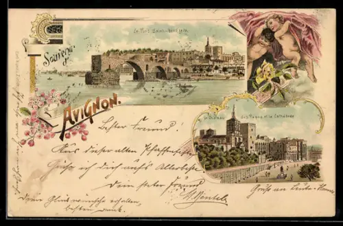 Lithographie Avignon, Le Pont Saint-Benezech, Le Chateau des Papes et Cathedrale
