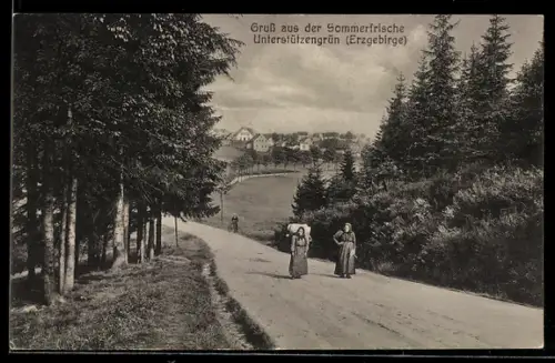 AK Unterstützengrün i. Erzgeb., Teilansicht mit Landstrasse