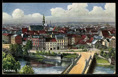 AK Zwickau, Totalansicht mit Kirche