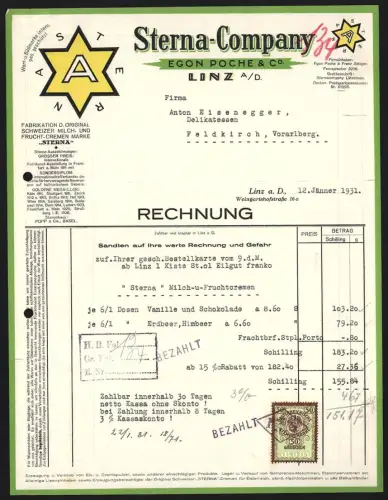 Rechnung Linz a. D. 1931, Egon Poche & Co., Sterna-Company, Schweizer Milch und Frucht-Creme, Fimen-Emblem