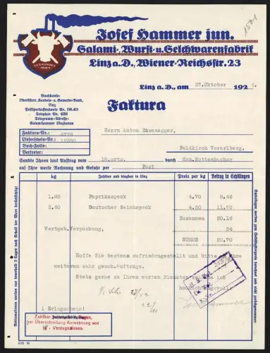Rechnung Linz a. D. 1926, Josef Hammer jun., Salami-, Wurst- und Selchwarenfabrik, Fabrik-Silhouette