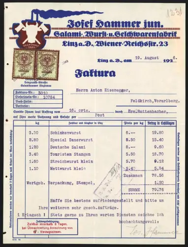 Rechnung Linz a. D. 1926, Josef Hammer jun., Salami-, Wurst- und Selchwarenfabrik, Fabrik-Silhouette