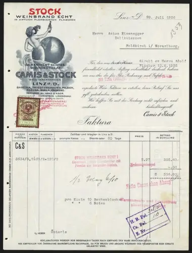 Rechnung Linz a. D. 1926, Camis & Stock Wein-Brennereien, Stock Weinbrand Echt, Dame mit Weinflasche vor Weltkugel