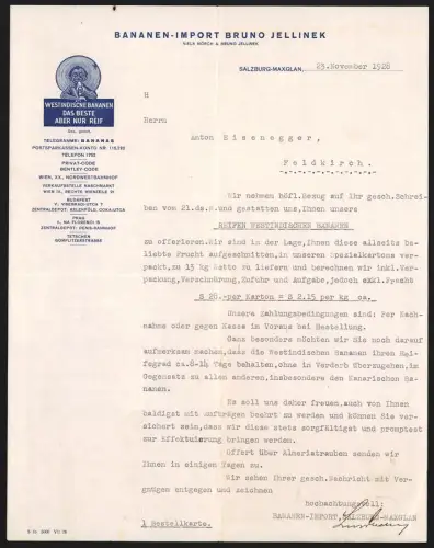 Rechnung Salzburg-Maxglan 1928, Bruno Jellinek, Bananen-Import, Einwohner der Westindischen Inseln