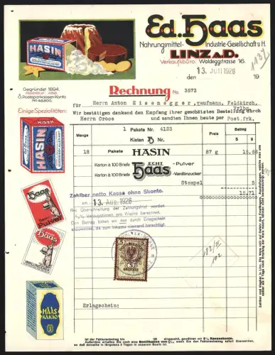 Rechnung Linz a. D. 1926, Ed. Haas, Nahrungsmittel-Industrie-Gesellschaft mbH, Darstellung verschiedener Artikel