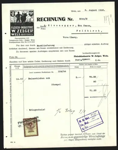 Rechnung Wels 1926, W. Zelger, Fleisch-Industrie Zelger Wels, Landwirt mit Kuh