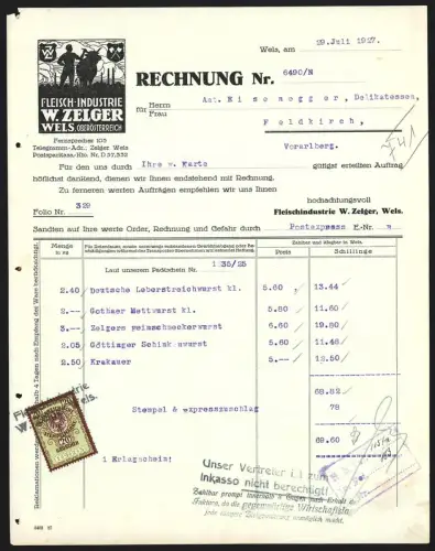 Rechnung Wels 1927, W. Zelger, Fleisch-Industrie Zelger Wels, Landwirt mit Kuh