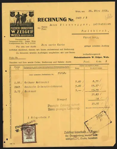 Rechnung Wels 1926, W. Zelger, Fleisch-Industrie Zelger Wels, Firmen-Emblem, Landwirt mit Kuh