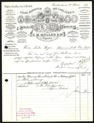 Rechnung Berlin 1910, C. M. Müller & Co., Leder-Appretur und Lack-Fabrik, Darstellung verschiedener gewonnener Preise