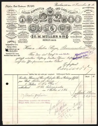 Rechnung Berlin 1916, C. M. Müller & Co., Leder-Appretur und Lack-Fabrik, Darstellung verschiedener gewonnener Preise