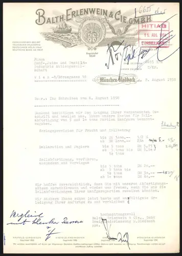 Rechnung Mönchen-Gladbach 1958, Balth. Erlenwein & Cie. GmbH, Flügelrad und Frachtschiff auf hoher See