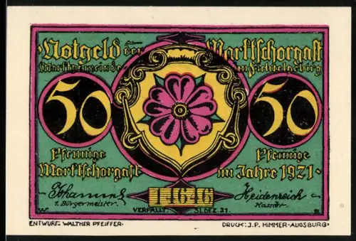 Notgeld Marktschorgast 1921, 50 Pfennig, Wappen mit Blume und Zuglandschaft