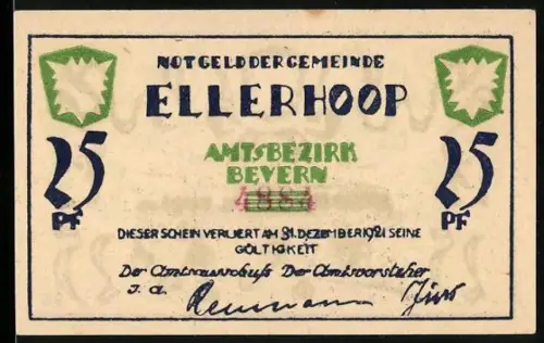 Notgeld Ellerhoop 1921, 25 Pf, Eisenbahn und landwirtschaftliche Szene mit Wappen und Verzierungen