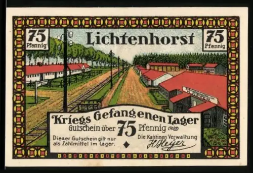 Notgeld Lichtenhorst, 75 Pfennig, Kriegsgefangenenlager mit Bahngleisen und Zug in ländlicher Umgebung