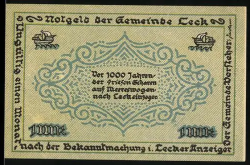 Notgeld Leck, 1 Mark, Schiff und Eisenbahn in Küstenlandschaft
