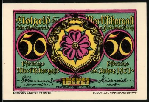 Notgeld Marktschorgast 1921, 50 Pfennig, Rosettenblüte und Zug in Landschaft mit Wäldern und Gleisen