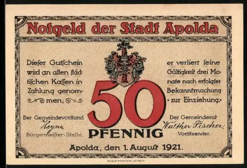 Notgeld Apolda 1921, 50 Pfennig, Stadtwappen und Eisenbahn auf Viadukt