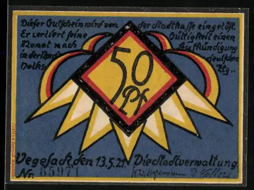 Notgeld Vegesack 1921, 50 Pfennig, Segelschiff und Speicherhäuser