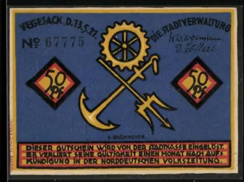 Notgeld Vegesack 1921, 50 Pfennig, Anker, Zahnrad und Hafenarbeiter in stilisierter Hafenlandschaft