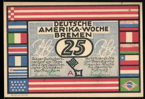 Notgeld Bremen 1923, 25 Pfennig, Deutsche Amerika-Woche, Ortsansicht Bremen, internationale Flaggen