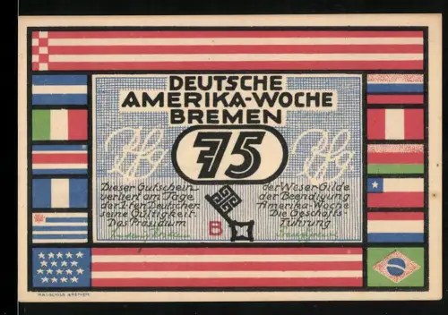 Notgeld Bremen 1923, 75 Pfennig, Deutsche Amerika-Woche mit Ortsansicht von Buenos Aires und Flaggen