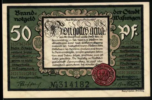 Notgeld Wasungen 1921, 50 Pfennig, Stadtbrand-Szene mit Zerstörung und roten Beeren