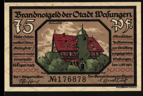 Notgeld Wasungen 1921, 75 Pfennig, Damenstift und brennende Ruinen im Hintergrund