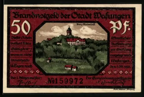 Notgeld Wasungen 1921, 50 Pf, Burg Maienluft und zerstörte Ortsansicht bei Feuer