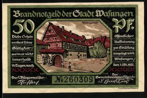 Notgeld Wasungen 1921, 50 Pfennig, Amtsgericht und Brandruine mit Menschen im Trümmerfeld