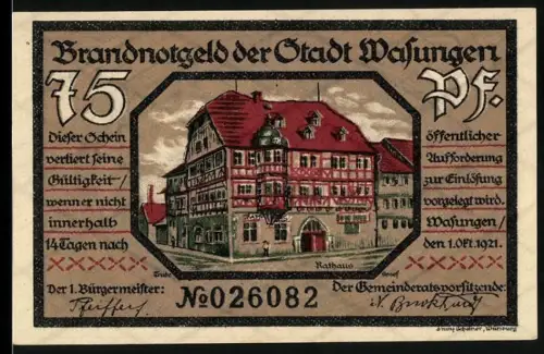 Notgeld Wanfried 1921, 75 Pf, Rathaus und brennende Ortsansicht