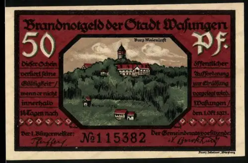 Notgeld Wasungen 1921, 50 Pf, Burgansicht und zerstörte Stadtlandschaft
