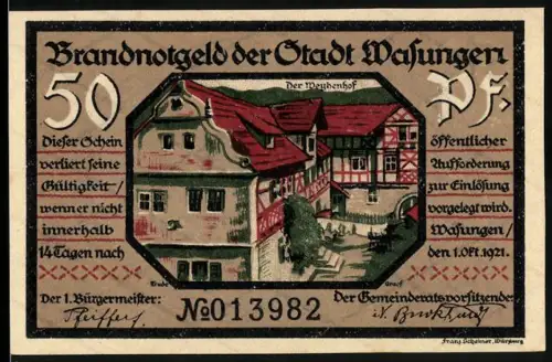 Notgeld Wasungen 1921, 50 Pfennig, Mühlenhof und zerstörte Ortsansicht nach Brand
