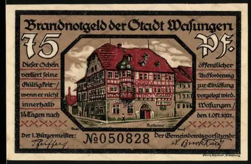 Notgeld Wasungen 1921, 75 Pfennig, Rathaus und Feuerszene mit zerstörten Gebäuden