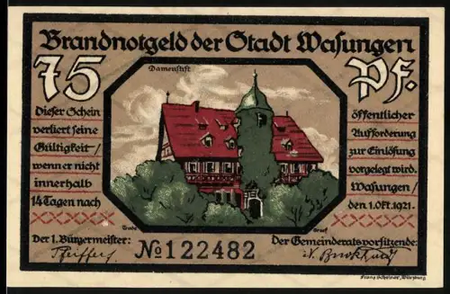Notgeld Wasungen 1921, 75 Pf, Damenstift und brennende Stadt im Oval